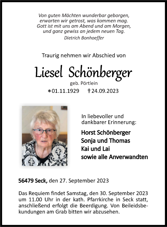Traueranzeige von Liesel Schönberger von Westerwälder Zeitung