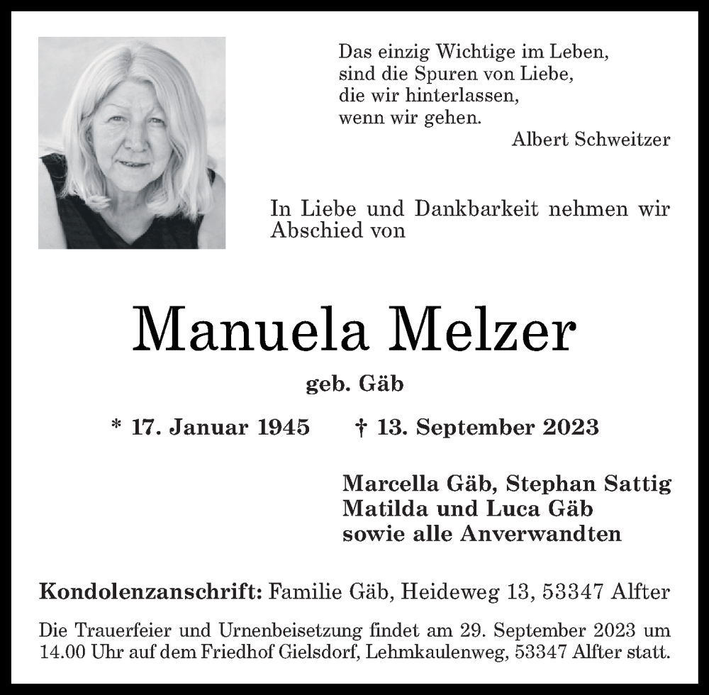  Traueranzeige für Manuela Melzer vom 23.09.2023 aus Rhein-Zeitung