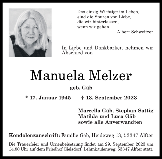 Traueranzeige von Manuela Melzer von Rhein-Zeitung