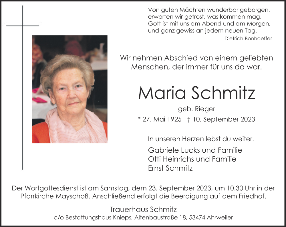  Traueranzeige für Maria Schmitz vom 16.09.2023 aus Rhein-Zeitung