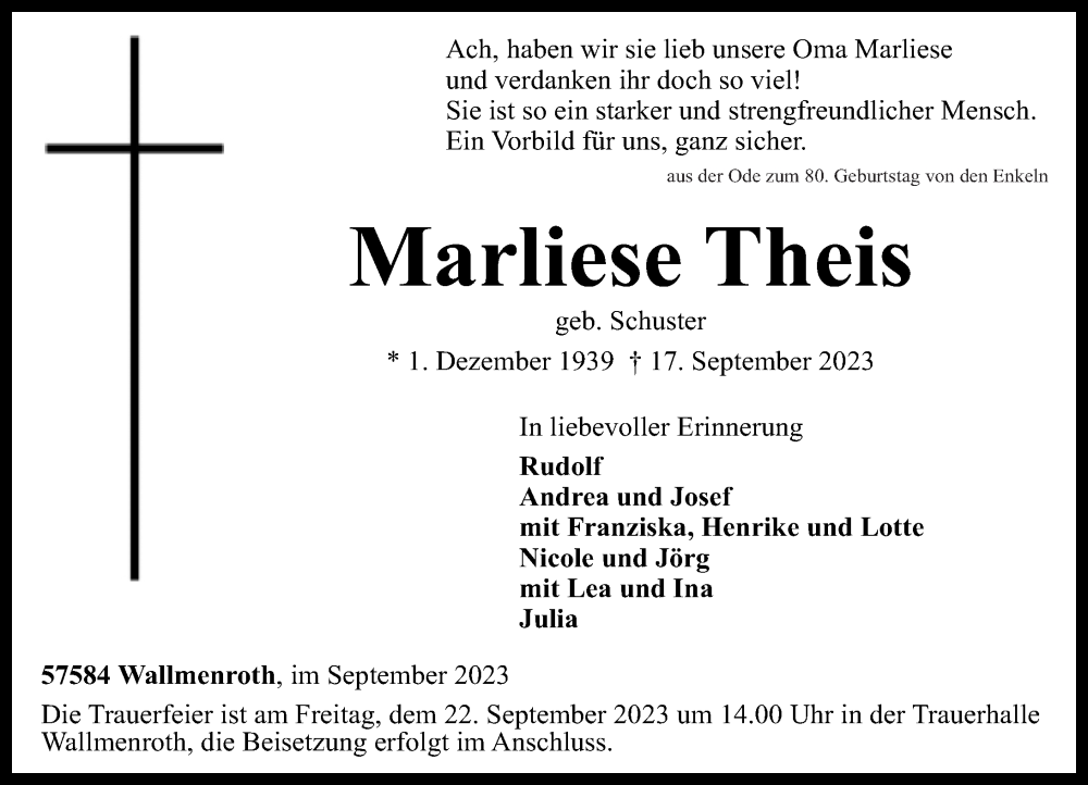  Traueranzeige für Marliese Theis vom 19.09.2023 aus Rhein-Zeitung