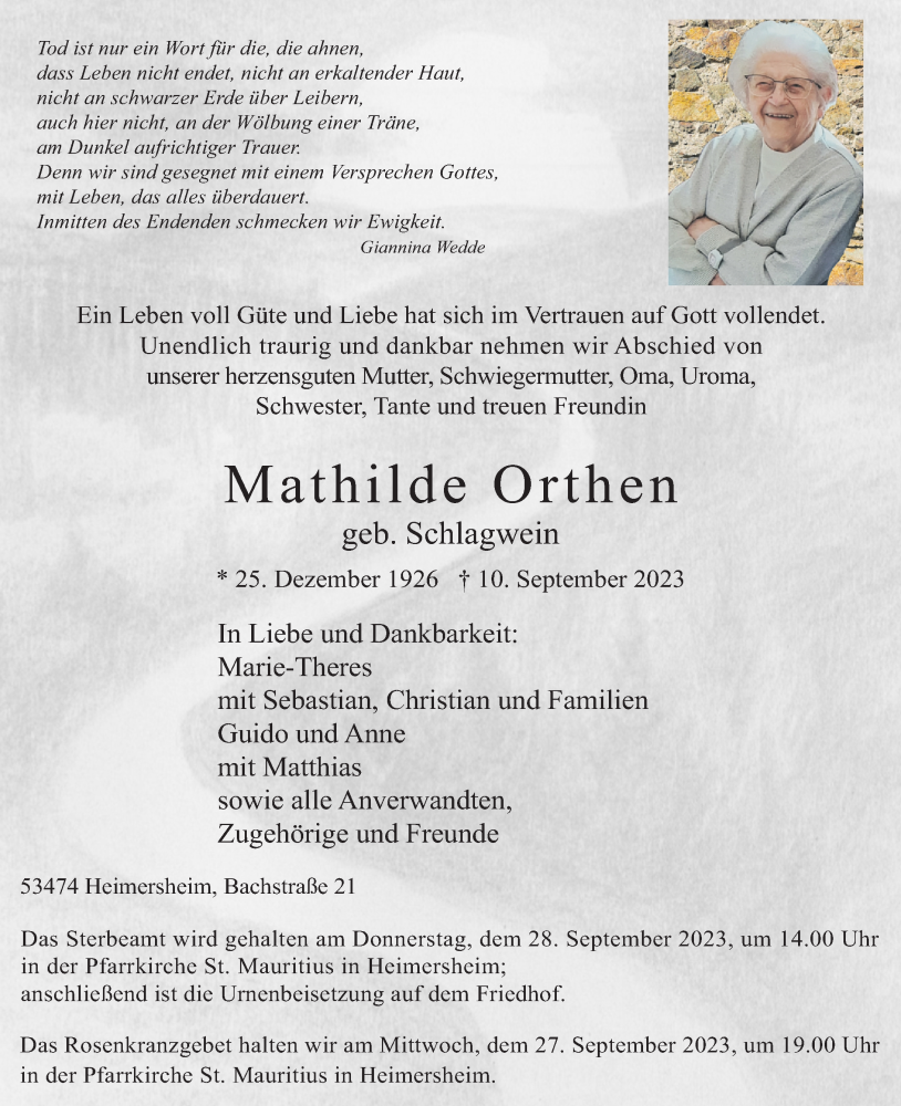  Traueranzeige für Mathilde Orthen vom 16.09.2023 aus Rhein-Zeitung