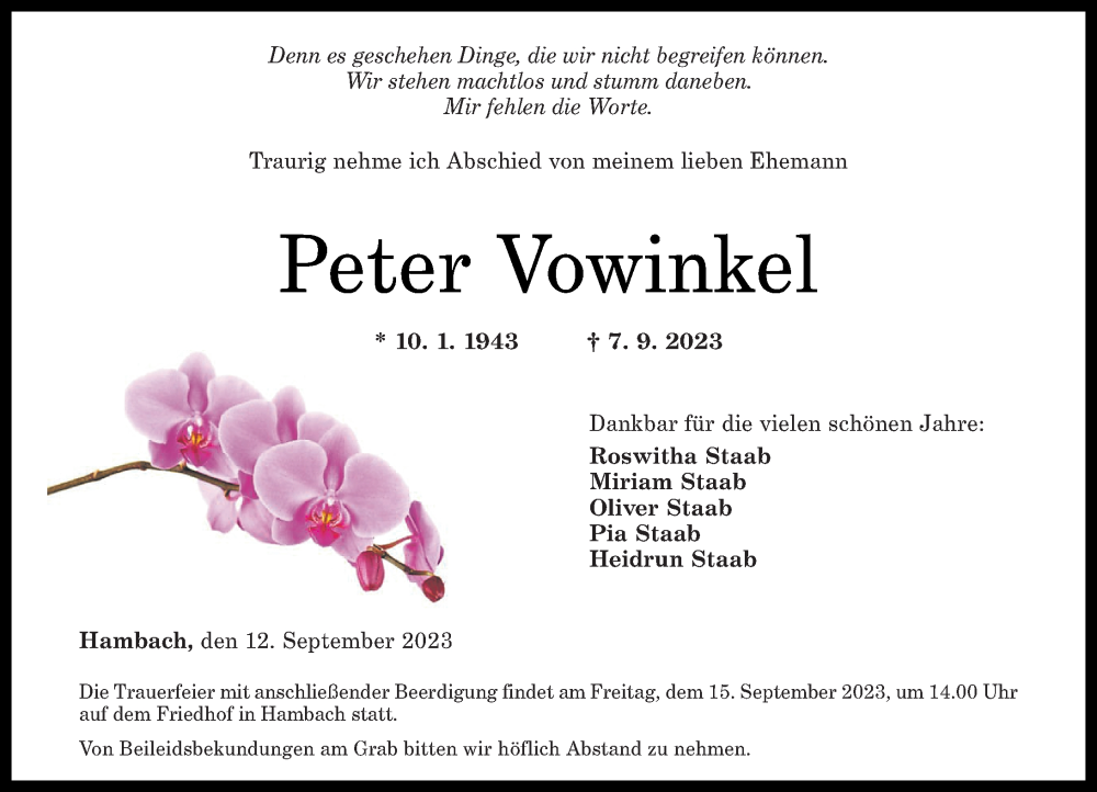  Traueranzeige für Peter Vowinkel vom 12.09.2023 aus Rhein-Lahn-Zeitung