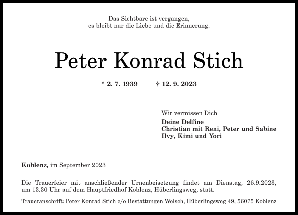  Traueranzeige für Peter Konrad Stich vom 16.09.2023 aus Rhein-Zeitung
