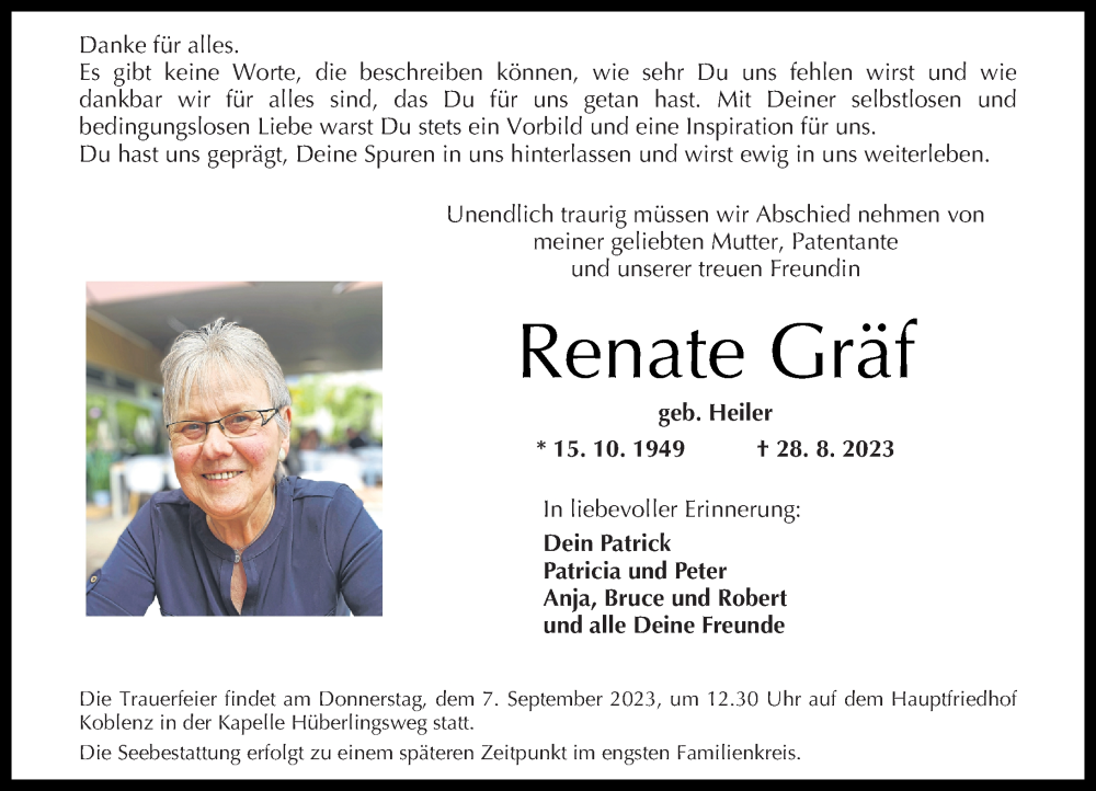 Traueranzeigen von Renate Gräf | rz-trauer.de