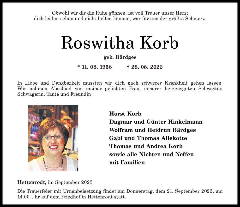  Traueranzeige für Roswitha Korb vom 16.09.2023 aus Nahe-Zeitung