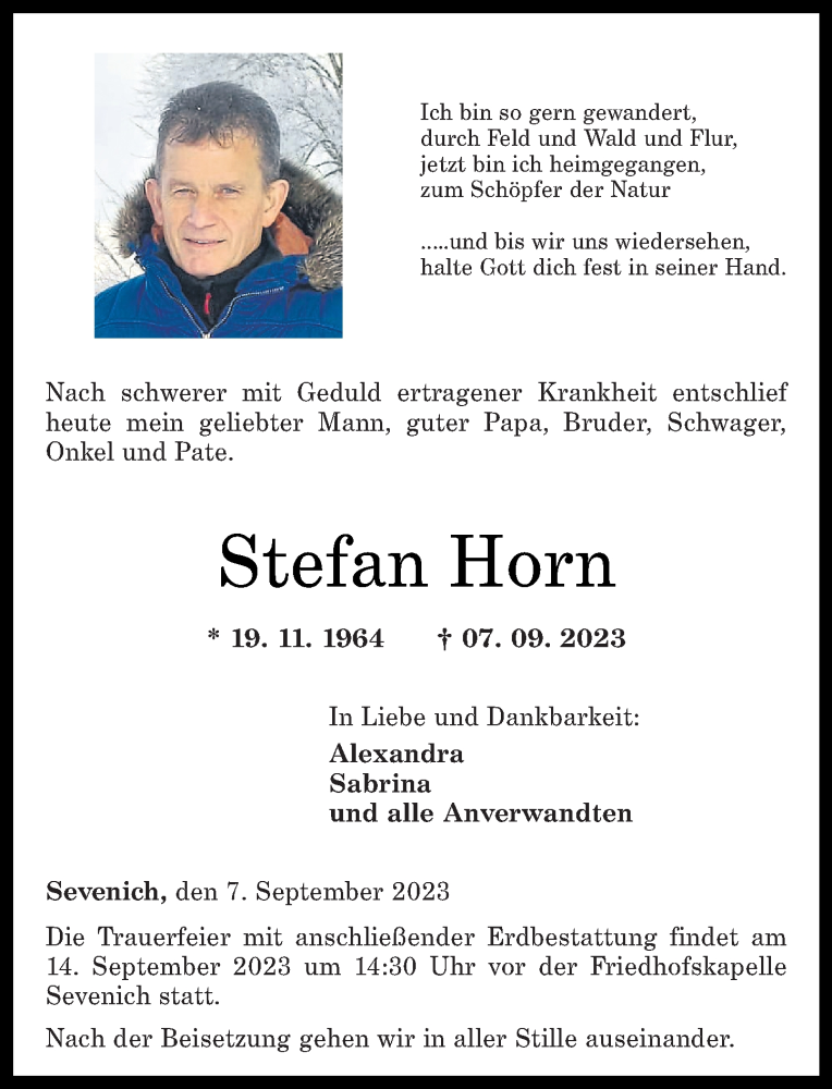  Traueranzeige für Stefan Horn vom 13.09.2023 aus Rhein-Hunsrück-Zeitung
