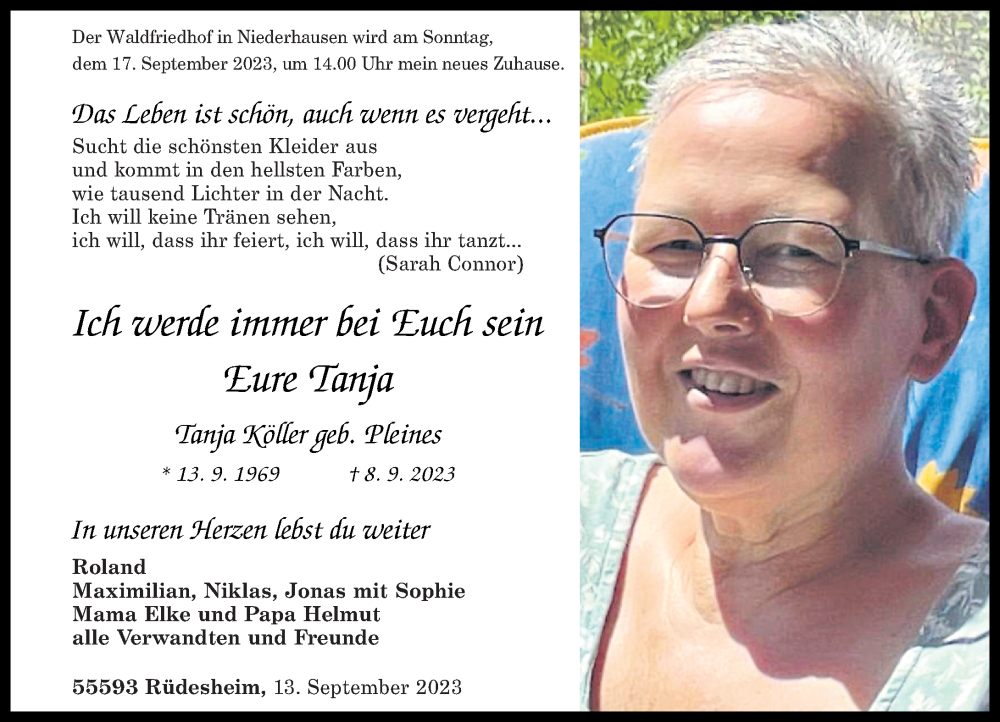  Traueranzeige für Tanja Köller vom 13.09.2023 aus Oeffentlicher Anzeiger