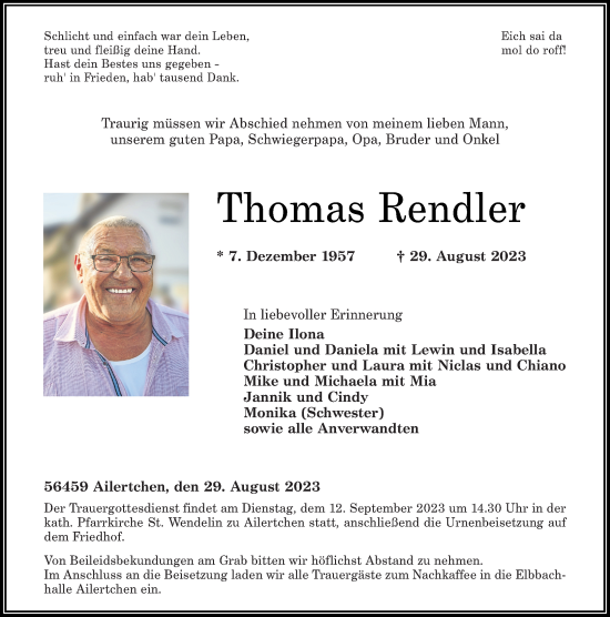 Traueranzeigen von Thomas Rendler | rz-trauer.de