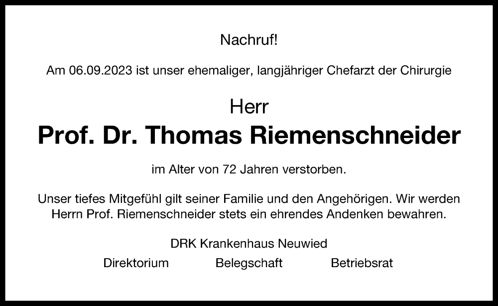  Traueranzeige für Thomas Riemenschneider vom 16.09.2023 aus Rhein-Zeitung