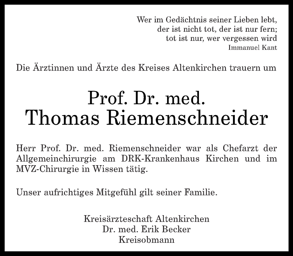  Traueranzeige für Thomas Riemenschneider vom 19.09.2023 aus Rhein-Zeitung