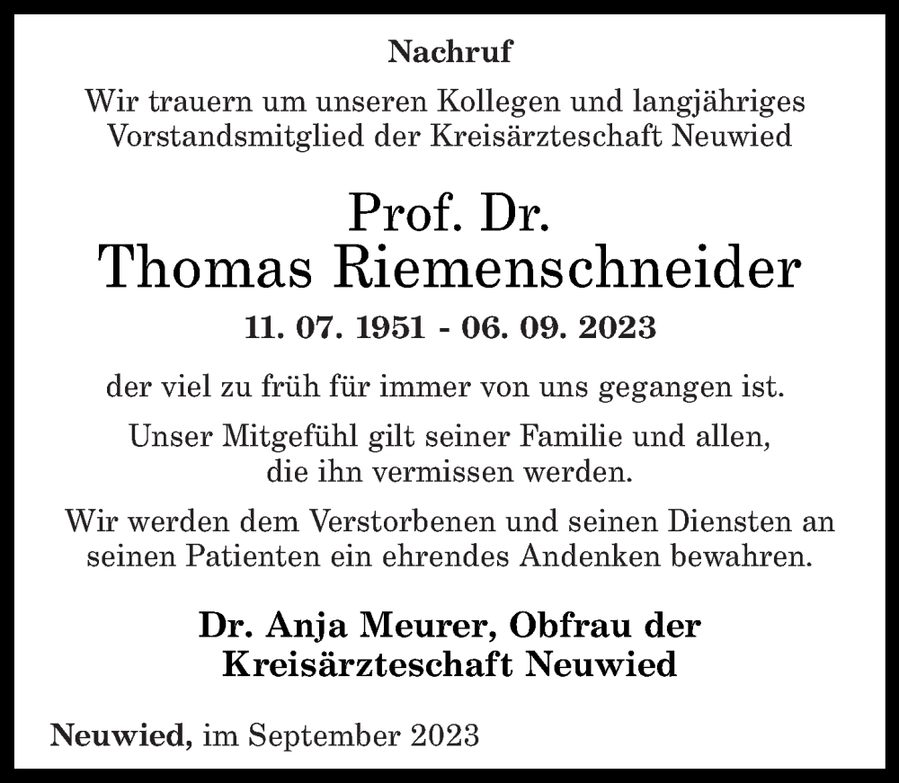  Traueranzeige für Thomas Riemenschneider vom 23.09.2023 aus Rhein-Zeitung