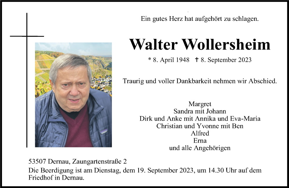  Traueranzeige für Walter Wollersheim vom 12.09.2023 aus Rhein-Zeitung