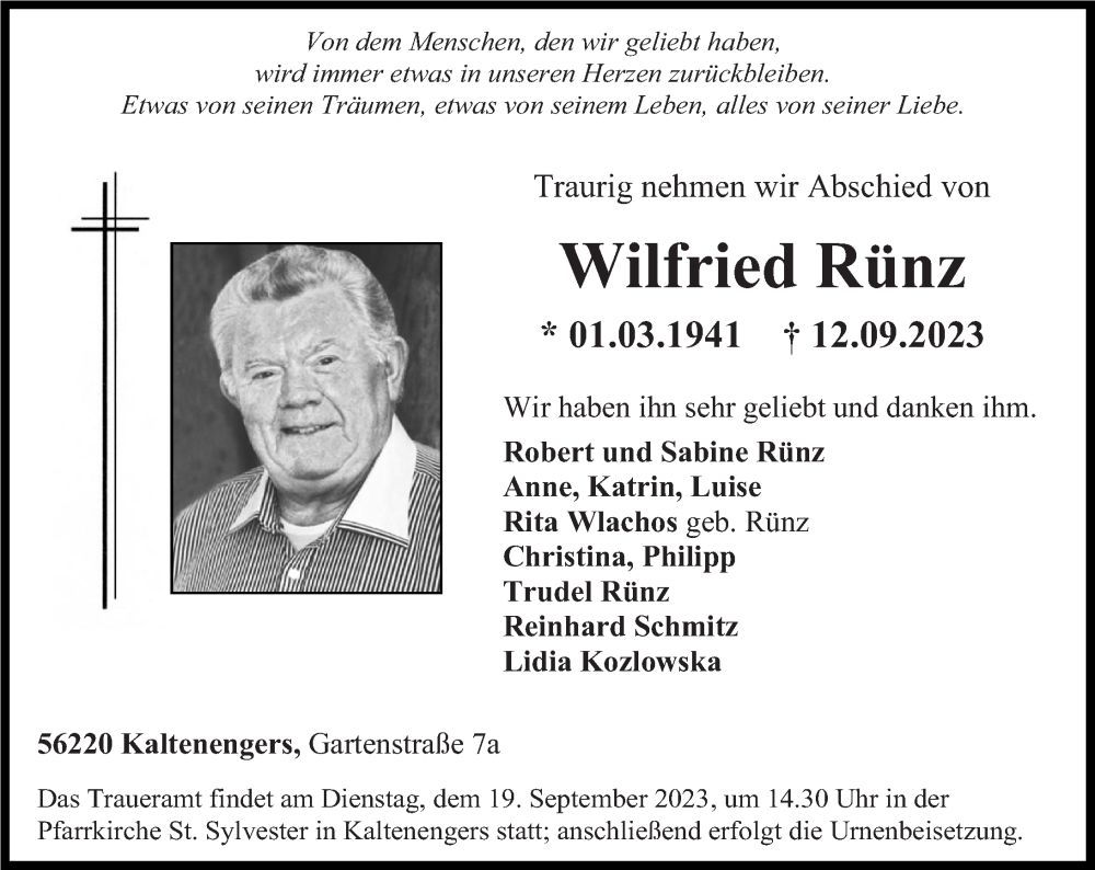  Traueranzeige für Wilfried Rünz vom 16.09.2023 aus Rhein-Zeitung