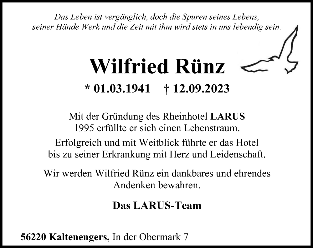  Traueranzeige für Wilfried Rünz vom 16.09.2023 aus Rhein-Zeitung