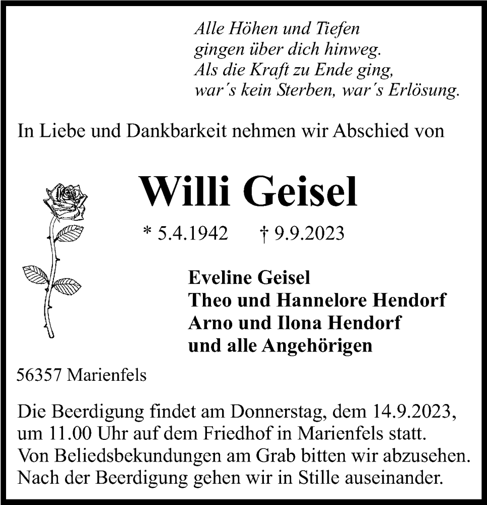  Traueranzeige für Willi Geisel vom 13.09.2023 aus Rhein-Lahn-Zeitung