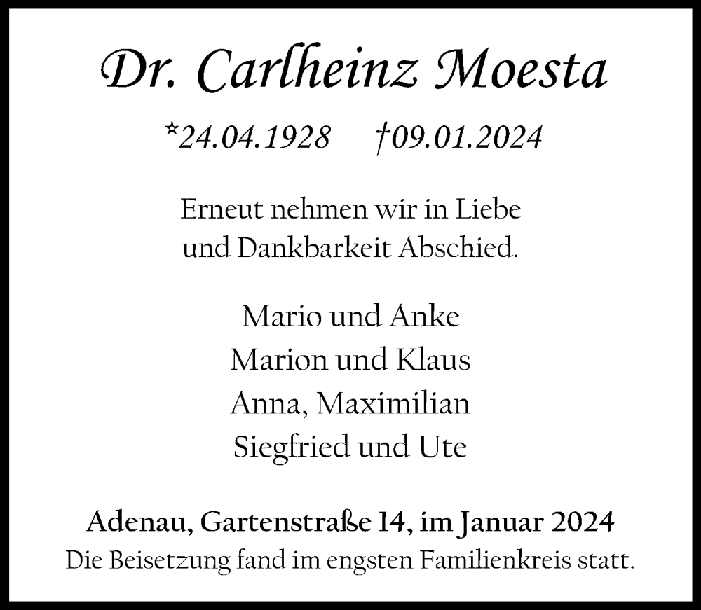  Traueranzeige für Carlheinz Moesta vom 20.01.2024 aus Rhein-Zeitung