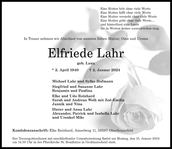 Traueranzeige von Elfriede Lahr von Rhein-Zeitung, Westerwälder Zeitung