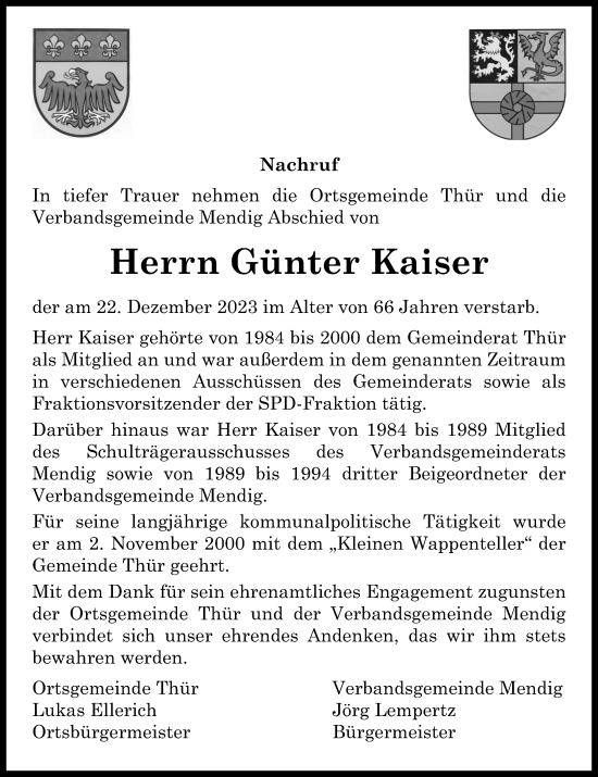 Traueranzeige von Günter Kaiser von Rhein-Zeitung