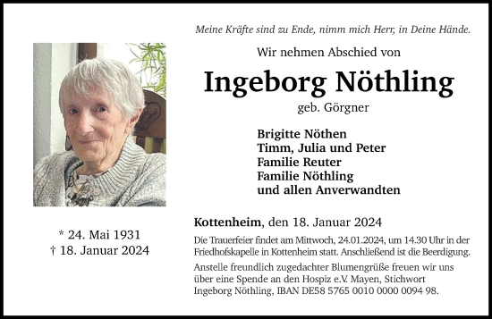 Traueranzeige von Ingeborg Nöthling von Rhein-Zeitung