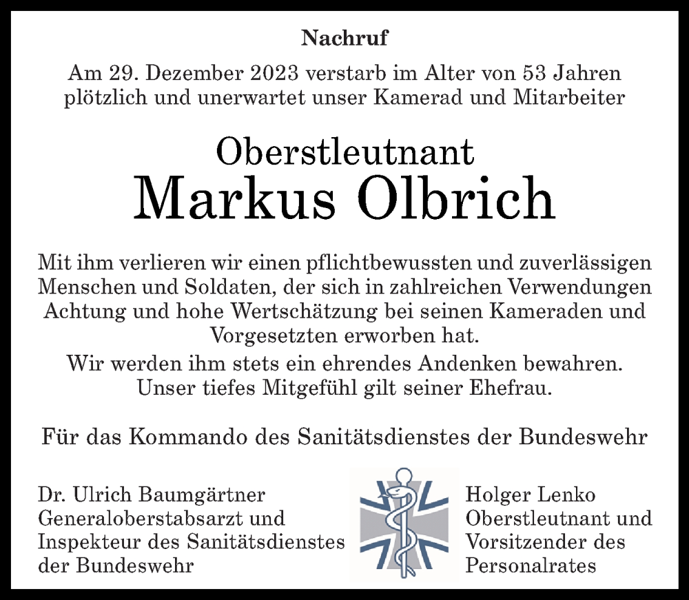  Traueranzeige für Markus Olbrich vom 09.01.2024 aus Rhein-Zeitung