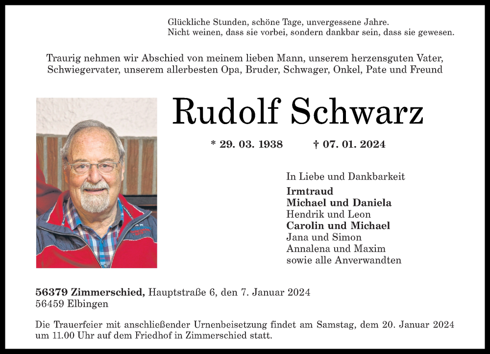 Traueranzeigen Von Rudolf Schwarz | Rz-trauer.de