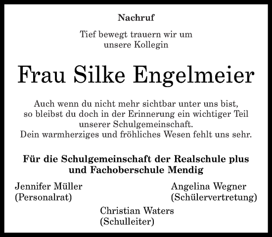 Traueranzeige von Silke Engelmeier von Rhein-Zeitung