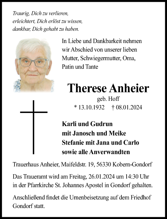 Traueranzeige von Therese Anheier von Rhein-Zeitung