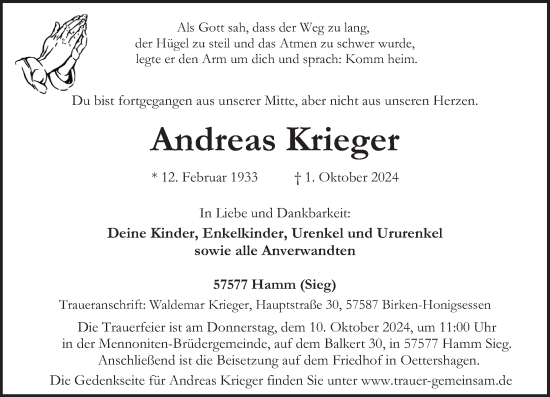 Traueranzeige von Andreas Krieger von Rhein-Zeitung