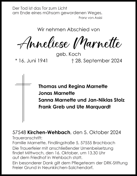 Traueranzeige von Anneliese Marnette von Rhein-Zeitung