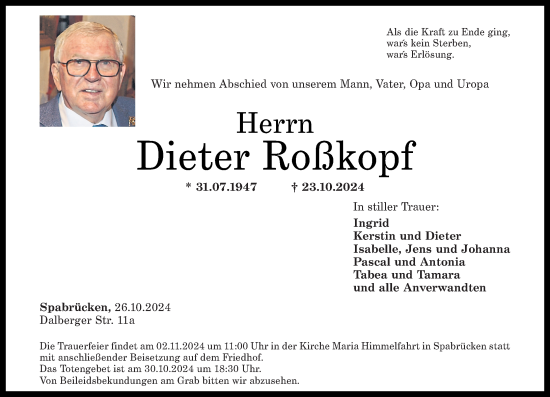 Traueranzeige von Dieter Roßkopf von Oeffentlicher Anzeiger