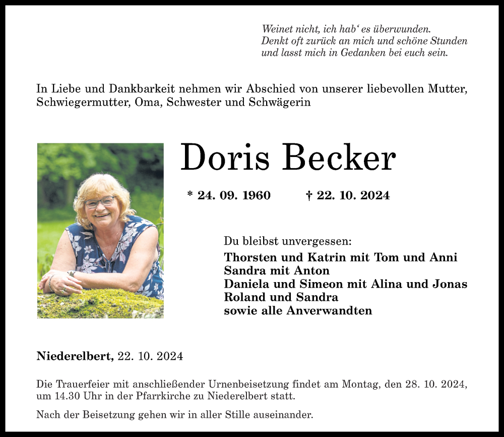  Traueranzeige für Doris Becker vom 24.10.2024 aus Westerwälder Zeitung