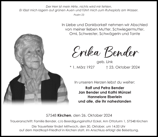 Traueranzeige von Erika Bender von Rhein-Zeitung