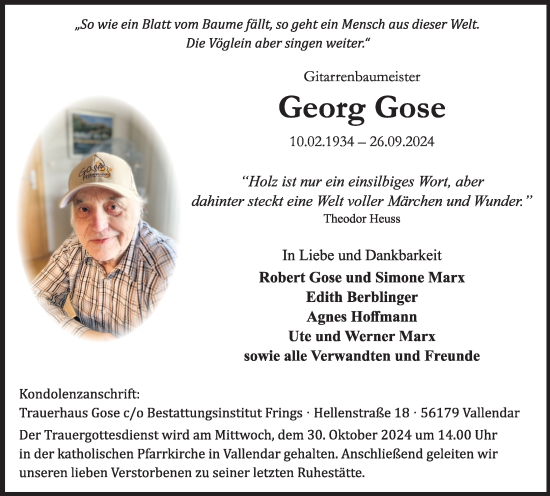 Traueranzeige von Georg Gose von Rhein-Zeitung