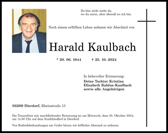 Traueranzeige von Harald Kaulbach von Rhein-Zeitung, Westerwälder Zeitung