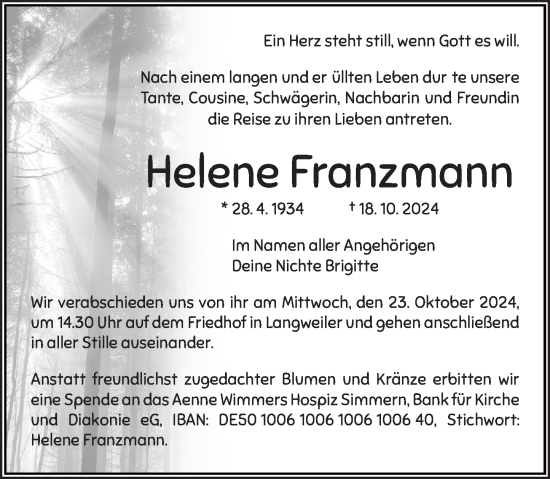 Traueranzeige von Helene Franzmann von Oeffentlicher Anzeiger