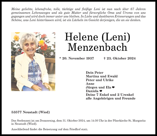 Traueranzeige von Helene Menzenbach von Rhein-Zeitung