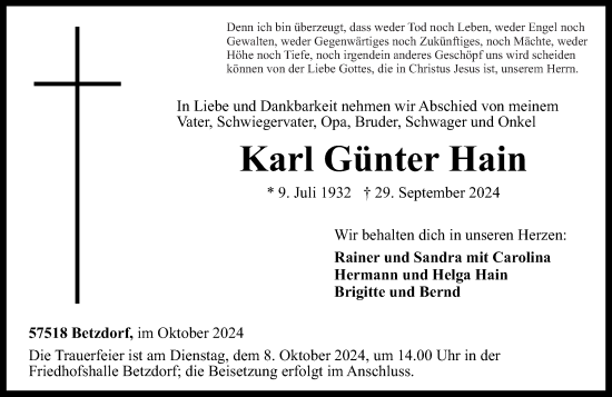 Traueranzeige von Karl Günter Hain von Rhein-Zeitung