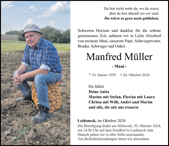 Traueranzeige von Manfred Müller von Rhein-Hunsrück-Zeitung