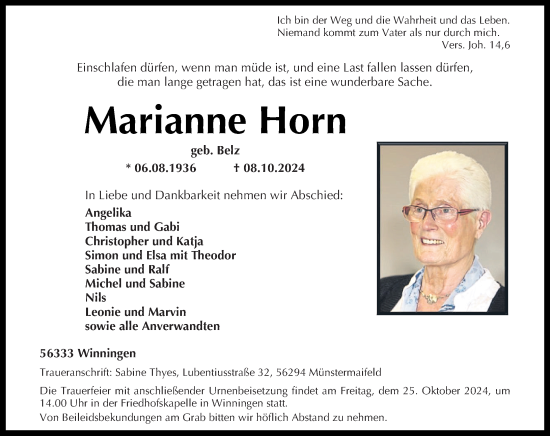 Traueranzeige von Marianne Horn von Rhein-Zeitung