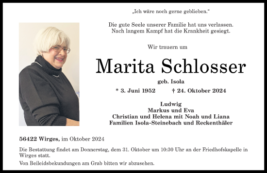 Traueranzeige von Marita Schlosser von Westerwälder Zeitung