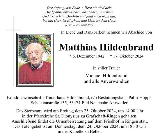 Traueranzeige von Matthias Hildenbrand von Rhein-Zeitung