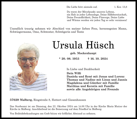 Traueranzeige von Ursula Hüsch von Rhein-Zeitung