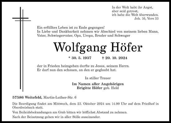 Traueranzeige von Wolfgang Höfer von Rhein-Zeitung, Westerwälder Zeitung