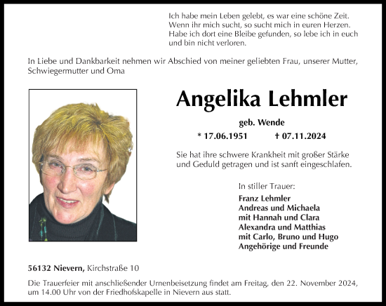 Traueranzeige von Angelika Lehmler von Rhein-Lahn-Zeitung