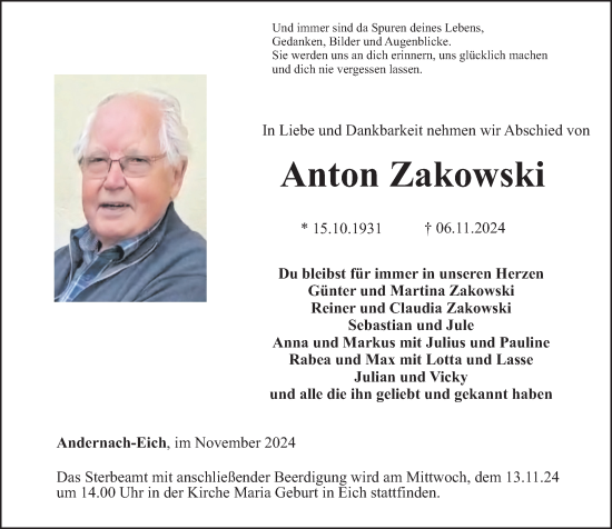 Traueranzeige von Anton Zakowski von Rhein-Zeitung