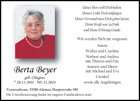 Traueranzeige von Berta Beyer von Rhein-Zeitung