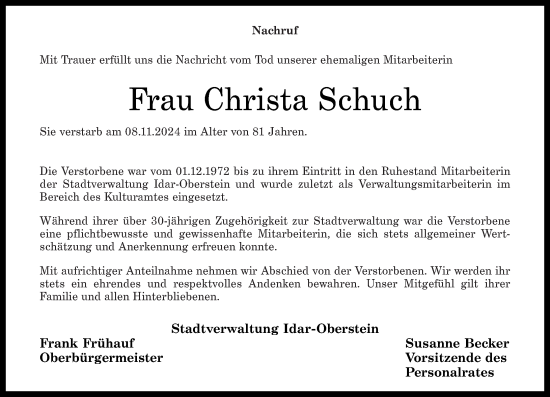 Traueranzeige von Christa Schuch von Nahe-Zeitung