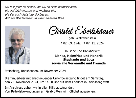 Traueranzeige von Christel Ebertshäuser von Rhein-Lahn-Zeitung