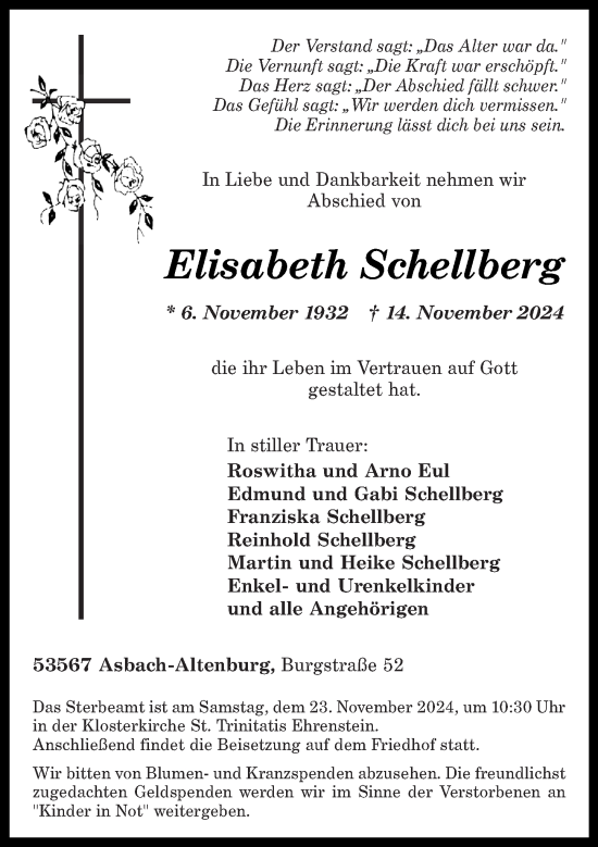 Traueranzeige von Elisabeth Schellberg von Rhein-Zeitung